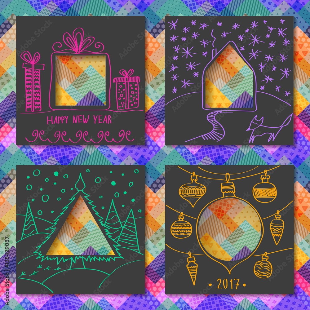 Poster vector set of four templates for paper christmas cards. black squares with holes in form of figures 