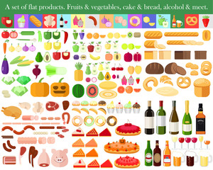 Set of flat food. Fruits and vegetables. Cake and bread. Meat and alcohol