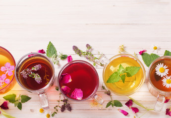 herbal tea on a white wooden background