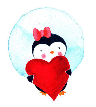 Card on Valentine's Day with love penguin. Watercolor illustration isolated  white background