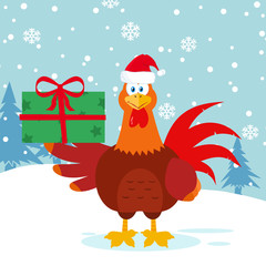 Cute Red Rooster Bird Cartoon Mascot Character With Santa Hat Holding Gifts. Illustration Flat Design With Snow Background