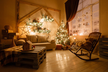 Calm image of interior modern home living room decorated christmas tree and gifts, sofa, table...
