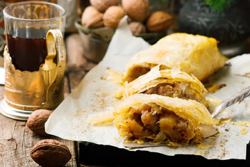 Apples and pineapples  strudel .selective focus.
