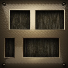 wooden background with metal element. 3D illustration