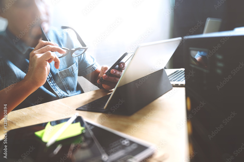 Aufkleber Website designer working digital tablet and computer laptop with