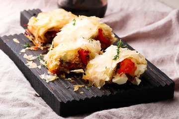 Roasted vegetables  strudel .selective focus.