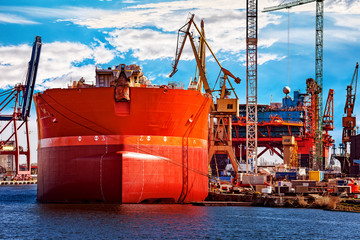 A ship under repair at shipyard in Gdansk, Poland.