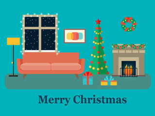 Christmas room interior. Christmas tree, fireplace and sofa. Vector flat illustration