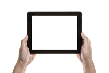 Two hands hold and touch screen,  a mobile phone(pad) isolated white © dohee
