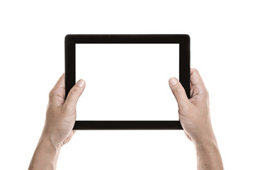 Two hands hold and touch screen,  a mobile phone(pad) isolated white © dohee
