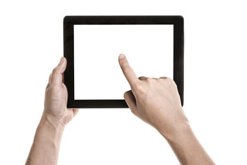 Two hands hold and touch screen,  a mobile phone(pad) isolated white © dohee
