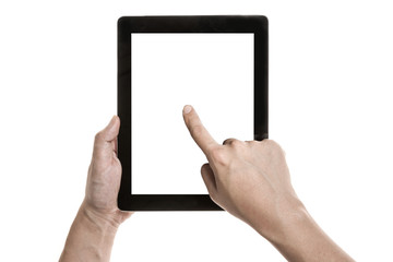 Two hands hold and touch screen,  a mobile phone(pad) isolated white © dohee