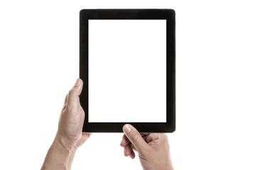 Two hands hold and touch screen,  a mobile phone(pad) isolated white © dohee