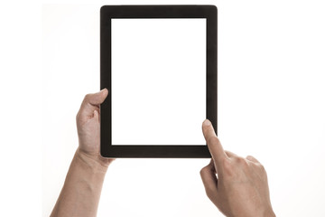 Two hands hold and touch screen,  a mobile phone(pad) isolated white © dohee