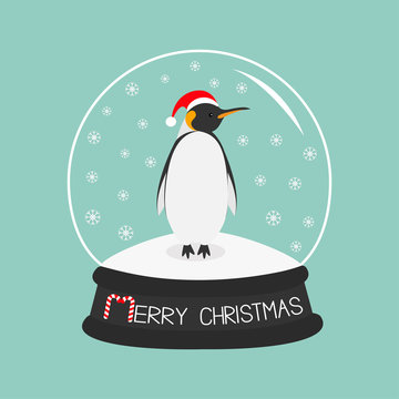 King Penguin Emperor in red santa hat. Cute cartoon character. Arctic animal collection. Baby bird. Crystal ball with snow. Merry Christmas card Candy cane text. Flat design Blue background.