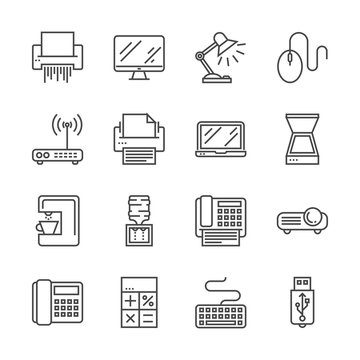 Office Devices Thin Line Related Icons Set Isolated on White Background. Simple Mono Linear Pictogram Pack Stroke Vector Logo Concept for Web Graphics. Editable Stroke. 48x48 Pixel Perfect.