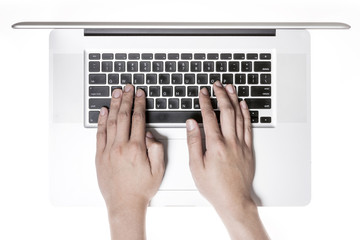 hand with note book computer top view isolated white 