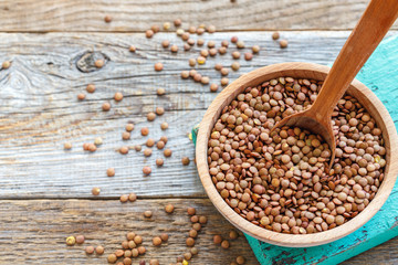 Wooden spoon in a bowl of lentils.