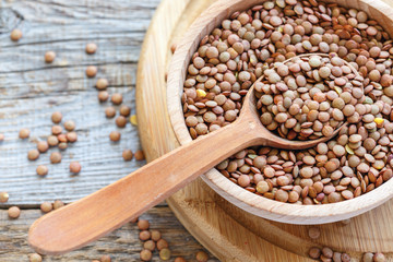 Brown lentils and a wooden spoon in a bowl close up.