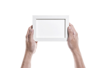 Hand hold a empty(blank) white photo frame isolated white.