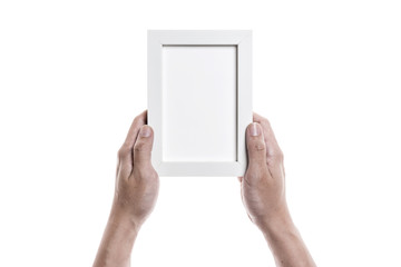 Hand hold a empty(blank) white photo frame isolated white.