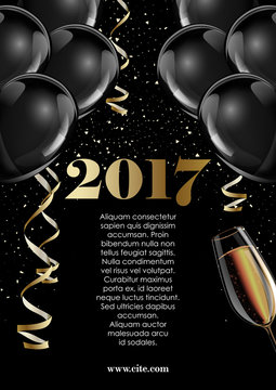 Happy new year 2017 fancy gold champagne and black hot air baloons.