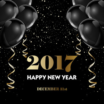 Happy new year 2017 fancy gold champagne and black hot air baloons.