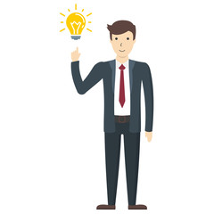 Businessman with lightbulb. Handsome businessman pointing on idea lightbullb. Concept of creativity.