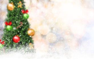 Fototapeta na wymiar blur christmas tree and gold bokeh with snowflake. concept festive banner background.