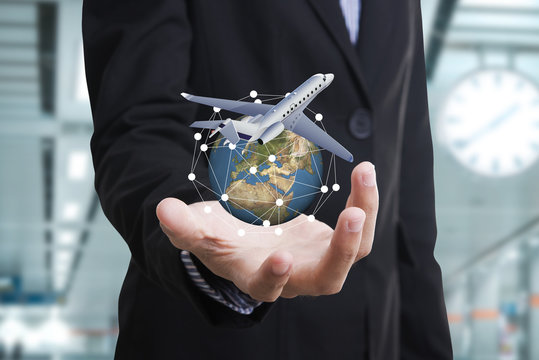 business travel insurance and Insurance agent with protective gesture and icon of plane and globe. concept banner