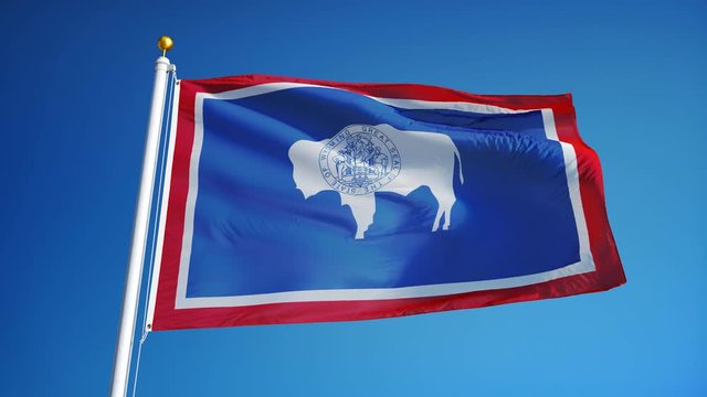Wyoming (U.S. state) flag waving in slow motion against blue sky, seamlessly looped, close up, isolated on alpha channel with black and white matte, perfect for film, news, composition
