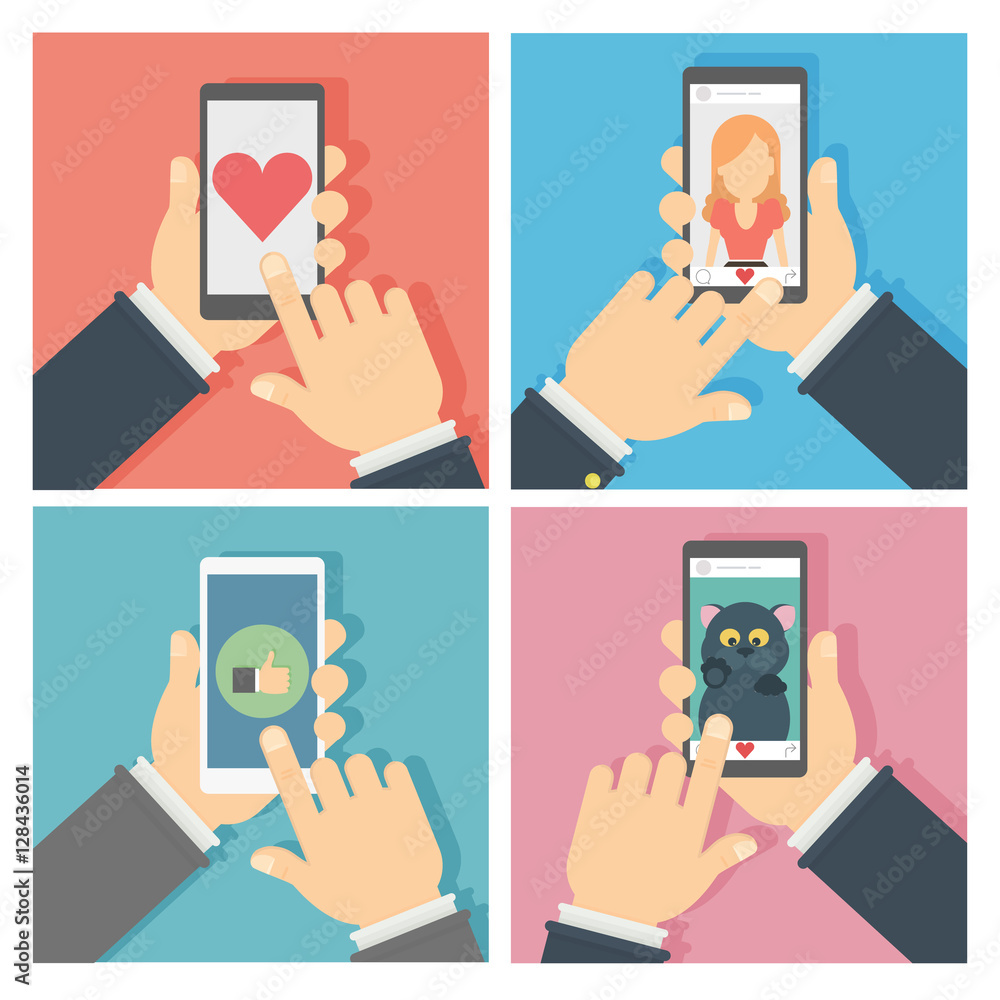 Aufkleber social networking set. hands holding tablet with like button and liking photos.