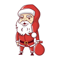 Retro Pop art Santa Claus. Funny Santa with big bag of toys gift in the hands. Standing on the striped bright background.