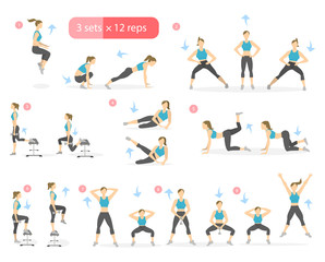 Fototapeta na wymiar Workout girl set. Woman doing fitness and yoga exercises. Lunges and squats. Leg workout.