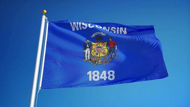 Wisconsin (U.S. state) flag waving in slow motion against blue sky, seamlessly looped, close up, isolated on alpha channel with black and white matte, perfect for film, news, composition