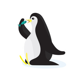 Cartoon penguin eating the fish. Flat illustration, isolated on white background