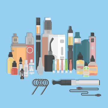 Vaping cigarette set. Vaping devices and liquids. Alternative smoking. New trend.