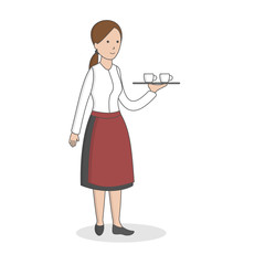 Isolated professional waiter. Female waiter in uniform with dish.