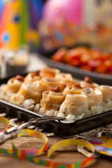 Rolled herring in olive, served with onions. Perfect for vodka.