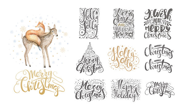 Merry christmas lettering over with snowflakes and foxes. Hand d