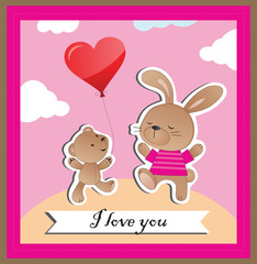 Rabbit and bear with a ball in the form of heart