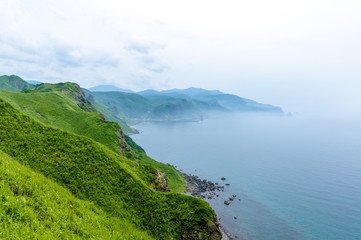 Fototapeta na wymiar Japan, summer, cape of Hokkaido, North blue sea 