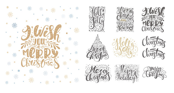 Merry christmas lettering overlays with snowflakes. Hand drawn text,