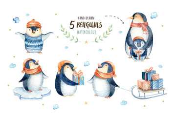 Merry christmas snowflakes and penguins. Hand drawn illustration