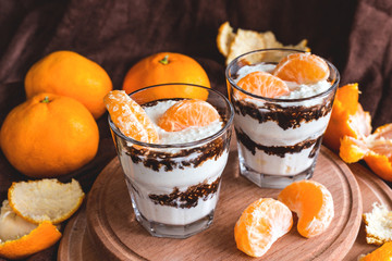 Whipped cottage cheese mousse with dark chocolate and mandarin