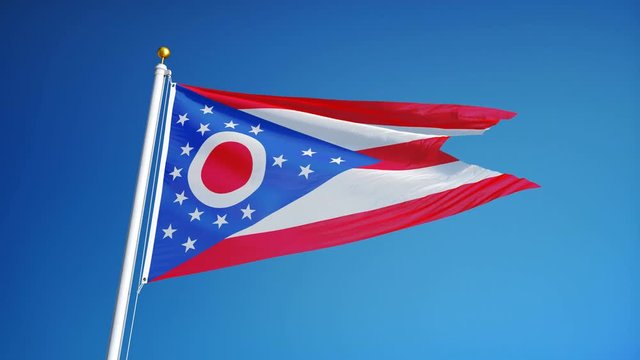 Ohio (U.S. state) flag waving in slow motion against blue sky, seamlessly looped, close up, isolated on alpha channel with black and white matte, perfect for film, news, composition