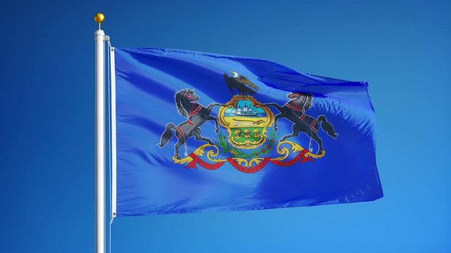 Pennsylvania (U.S. state) flag waving in slow motion against blue sky, seamlessly looped, close up, isolated on alpha channel with black and white matte, perfect for film, news, composition