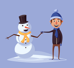 Boy making cute snowman. Cartoon vector illustration.