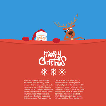 Happy Christmas reindeer and Santa cartoon characters behind a billboard