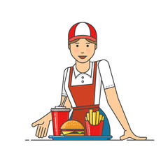 Restaurant worker serving fast food meals. Women suggests to get the order.